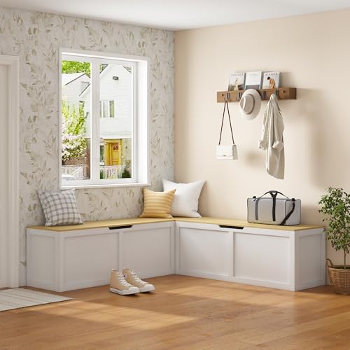 Right-Angle Light Color Storage Bench with Large Storage Compartment, Corner Storage Banquette for Small Spaces, Modern Nordic Style Dining & Leisure Bench, Easy Assembly