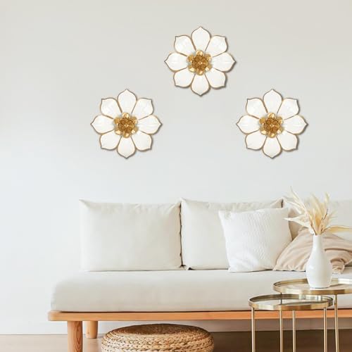 Metal Flowers Wall Decor White and Gold Wall Art Decorations Hanging 3 Pc Rustic Modern Floral Sculpture Wall Accent Artwork Indoor Outdoor for Bathroom Kitchen Bedroom Living Room Patio Porch 10 Inch - Image 6