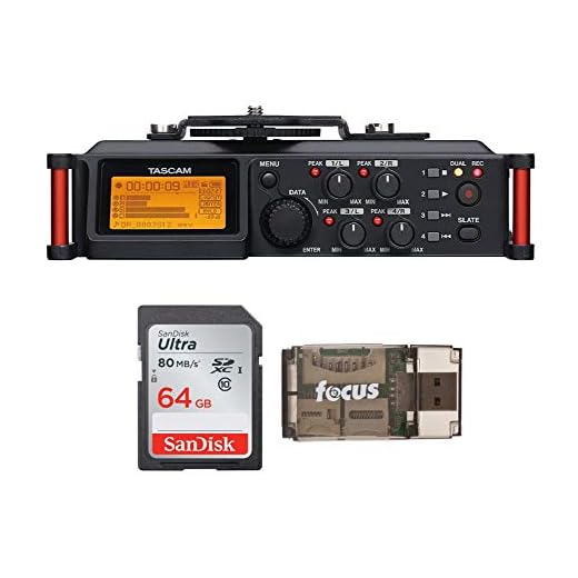 Tascam DR-70D 4-Track Portable Recorder Bundle with SanDisk 64GB Memory Card and Focus Card Reader (3 Items)