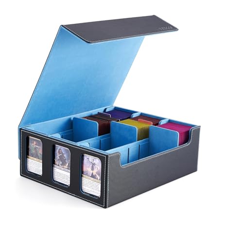 デッキケース トレカケース カードストレージボックス カードケース トレカ収納 2300+ 窓付き 仕切り板 カードストッパー付き「 遊戯王 ポケカ MTG 各種 カードゲーム に対応 」 (黒内装ライトブルー, ３列)