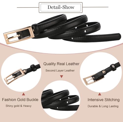 ALAIX Women's Skinny Leather Belts with Gold Buckle Thin Waist Belt for Jeans Dress Adjustable Black and Gold Belts for Women4