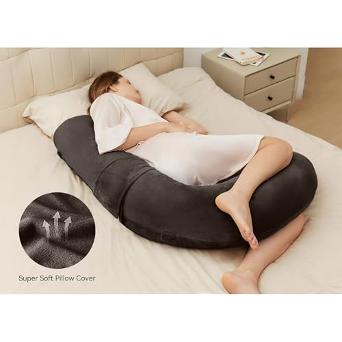 Image of J-Shaped Sleeping Pregnancy Pillow| Removable Velvet Covers| PregnoCare Fibres| Baby Shower Gift, Maternity, Nursing| Full Body Soft-Support Bump, Head, Back, Shoulder, Hips, Legs and Belly (Brown)