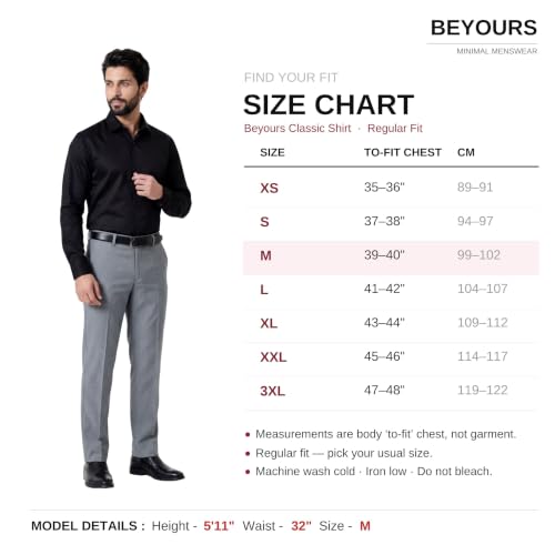 Image of BEYOURS Men's Full Sleeve Shirt Regular Fit Spread Collar 100% Cotton Satin Office & Formal.