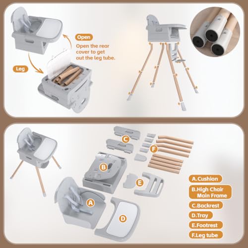 Image of Baby High Chair for 6 Months+, Foldable High Chairs for Babies and Toddlers, Convertible High Chair, Adjustable Tray & Footrest, Portable High Chair & Easy to Clean(Grey with Wood Grain)