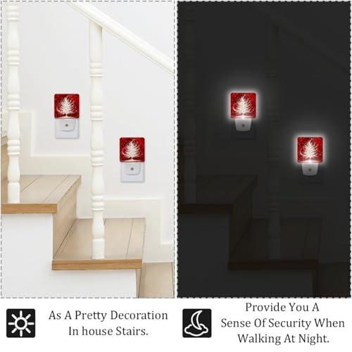Image of NEWzone Christmas Tree Red Night Light Set of 2, Auto Sensor LED Dusk-to-Dawn Nightlights, Plug-in Sensor Lamp for Bedroom Bathroom Kitchen Hallway Stairs Decorative