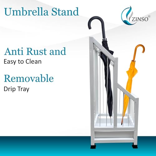 Image of ZINSO Umbrella Stand | Multipurpose Metal Black Rack | Storage Bucket for Umbrellas, Sports Equipment with Detachable Drip Tray | Easy to Clean | Made in India (No Wheels, White)