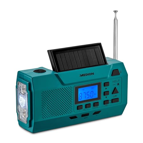 MEDION E66806 Radio con manivela (Solar, manivela de Dinamo, Radio FM, Linterna, función de Emergencia SOS)
