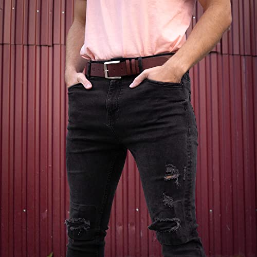 Hoffebelts Men's Handmade Full Grain Leather Belt, Jeans Casual Brown Belt, 1.57 Inch Wide, Genuine Bruce M #TOP3