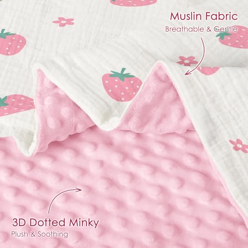 Image of Strawberry Baby Blankets for Girls, Soft Nursery Minky Blankets with Muslin and Dotted Fleece Back 30x40 inches, Receiving Bed Quilt for Newborn, Infants, Toddlers