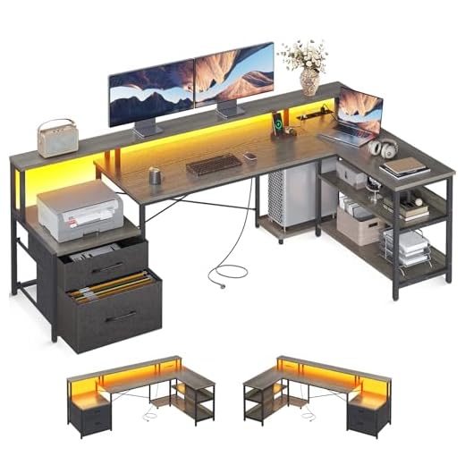 ODK Escritorio grande en forma de L con cajones, reversible, con LED y regleta, roble gris, 189,3 x 100 cm