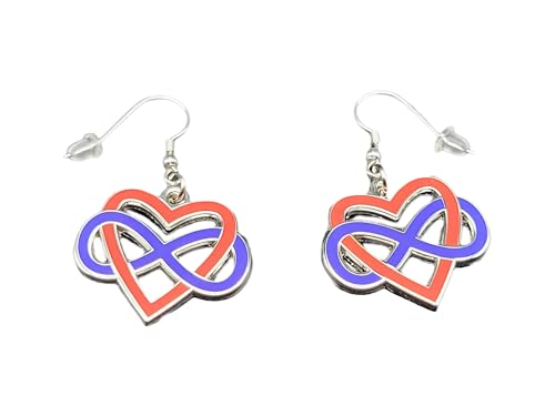 Polyamory Infinity Heart Enamel Earrings | Infinite Love Celtic Knot Blue Red Gold Cut Out Design | Polyamory Pride Jewelry