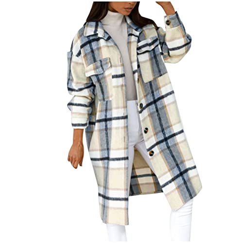 Women's Flannel Plaid Shacket Woolen Button Down Jacket Oversized Trench Coat Long Sleeve Shirt Coats With Pockets #TOP24
