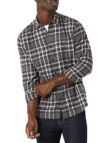Amazon Essentials Men's Regular Fit Long-Sleeve Flannel Shirt, Soft Brushed Cotton, Lightweight yet Warm, Grey Plaid, X-Large