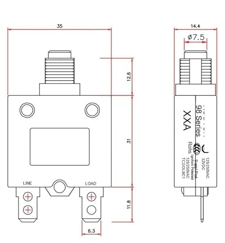 Disjoncteur réarmable 5A à 30A avec borne de connexion rapide pour courant continu