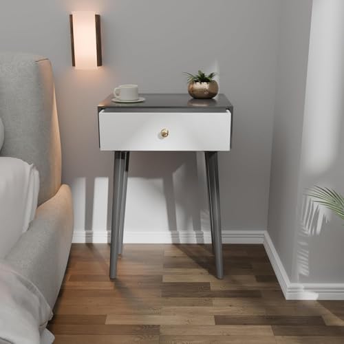 Image of End Table with Storage Rack Wooden Nightstand Bedside Table Storage Bookcase Nightstand Side End Table Living & Bed Rooms (Grey White)