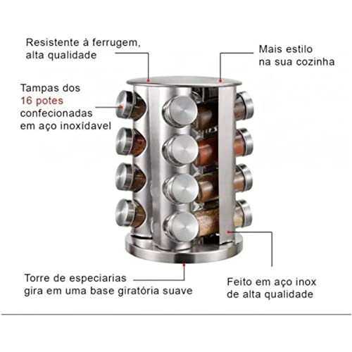 Porta Tempero Condimento Inox Vidro Giratorio Cozinha 16 Pts