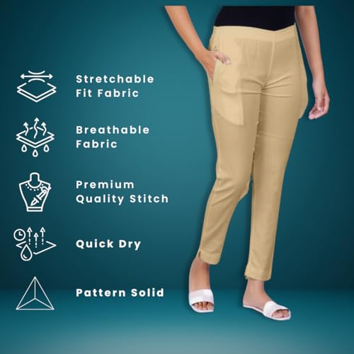 Image of Happy Bunny Cotton Blend Lycra Kurti Pants for Women, Soft 30% Stretch Full Length Trousers with Elastic Waist & Zip Pocket, Ideal for Office, Work, Casual, Home Wear Breathable Slim Fit