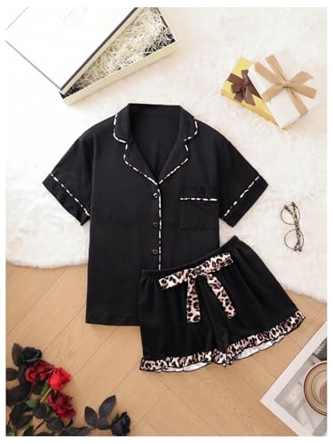 Verdusa Women's 2 Piece Leopard Print Bow Pjs Pajama Sets Button Down Lightweight Summer Pajamas Ruffle Shorts Lounge Set3