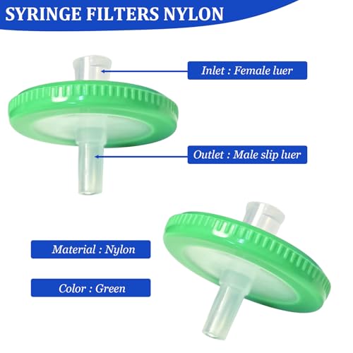 Image of 100 Count Syringe Filter, Nylon Hydrofilic Membrane 25mm Diameter 0.22um Pore Size, Syringe Lab Filters, Non Sterile Filtration (Green) (Pack of 2)