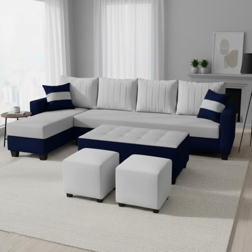 Image of FURNY Avenue 8 Seater Fabric LHS L Shape Sofa Set with 1 Centre Table & 2 Puffy (Light Grey-Dark Blue) Premium Velvet Finish