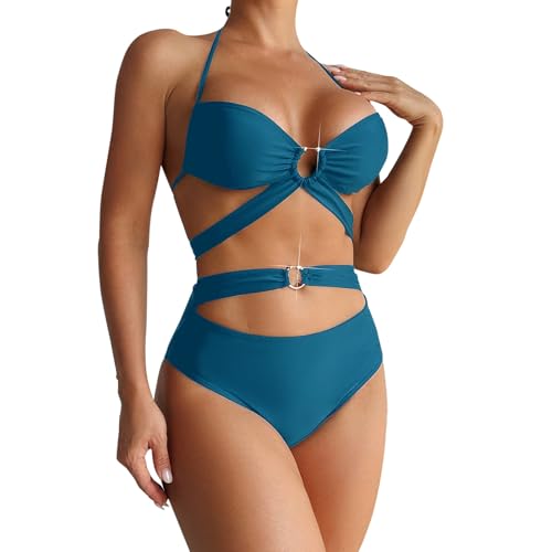 Bikini Sin Tirantes Mujer Sujetador Bikini con Traje de Baño Dividido de Color Sólido para Mujer con Correas Y Accesorios Puño Metal para Colgar En Sin Relleno Parte Abajo (Navy L)