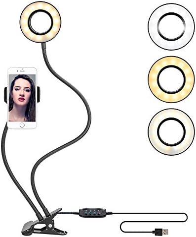 Clamp-on Gooseneck LED Selfie Ring Light with Cell Phone Stand for Live Stream Flexible Cellphone Clip Holder with Lazy Bracket Desk Lamp for Living Bedroom Office Kitchen Essential for Youtuber