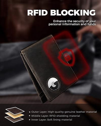 Image of Mens Wallet with AirTag Holder, Bifold Full Grain Leather AirTag Wallet with ID Window RFID Blocking Gifts for Men, Dad, Husband, up to 12 Cards