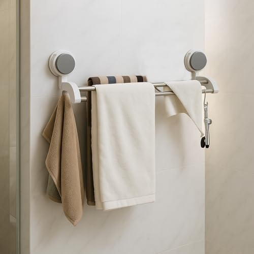 Image of JD FRESH Self Adhesive Double Towel Hanger in Bathroom /Wall-Mounted Towel Bar with Magic Sticker /Napkin Holder Bar for Bathroom and Kitchen (White)