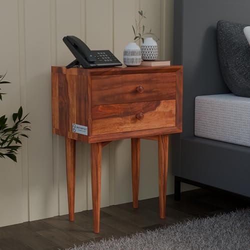 Image of Jangid Handicraft Solid Sheesham Wood Bedside Table for Bedroom | Wooden Bed Side Nightstand End Table with 2 Drawer Storage for Home & Living Room | Sofa Side Table | Rosewood, Honey Finish