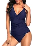 Holipick Women Navy Blue Tummy Control Two Piece Tankini Set Swimsuit V Neck Tankini Top Bathing Suits with Bikini Bottom XL(US 16)