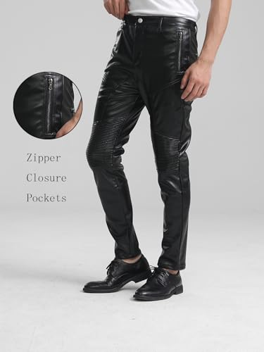 Men`s Motorcycle Biker Riding Pleated PU Faux Leather Pants with Zipper Closure4