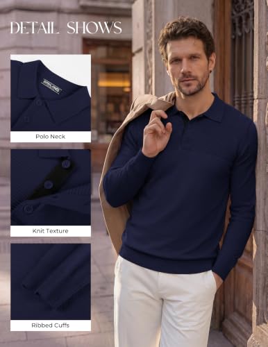 PJ PAUL JONES Polo para Hombre de Punto Ligero con Cuello, Manga Larga, Corte Regular, para Otoño e Invierno, Uso Casual, Negocios, Trabajo y Golf miniatura 2