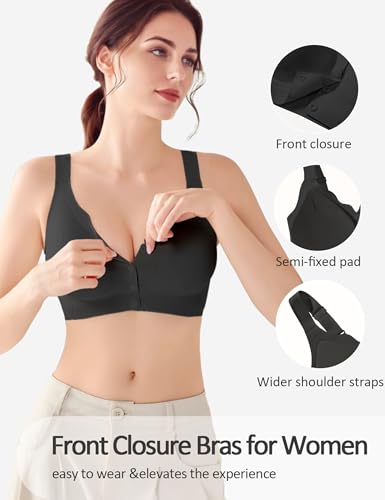 OXYIBRAS Front Closure Wireless Bras for Women Comfortable Support Padded Bralette Soft Post Surgery Everyday Bras Black S - Image 3