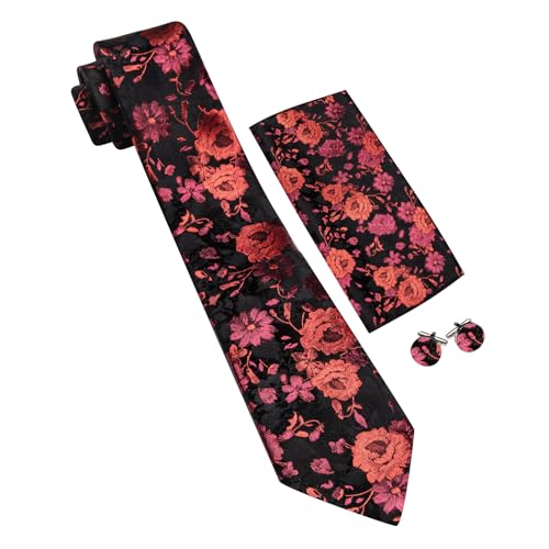 Image of Barry.Wang Flower Ties for Men Handkerchief Cufflinks Set Wedding Necktie Set Party