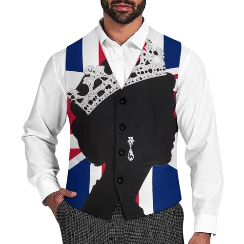 Queen Flag of The United Kingdom Suit Vest for Men Slim Fit Sleeveless Jacket V Neck Business Waistcoat Button Up Dressy Top