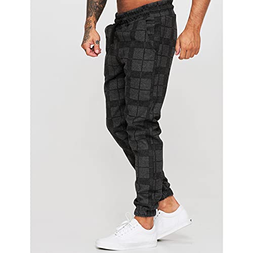 Men's Long Casual Sport Pants Plaid Drawstring Trousers Athletic Running Gym Jogger Sweatpants With Pocket Black #TOP2