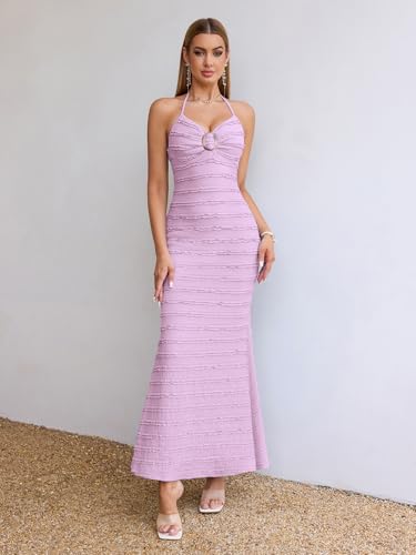 Image of HTZMO Women Wedding Guest Ruffle Bodycon Maxi Dress Halter V Neck Beach Vacation Summer Long Dresses 2026