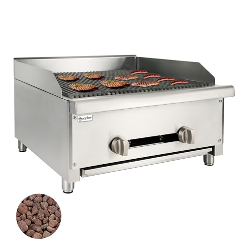 Hipopller 24'' Commercial Natural Gas Lava Rock Charbroilers/Propane Gas Stainless Steel Radiant Broiler 2 Burners 56,000 Btu,Restaurant Equipment Bbq Outdoor Countertop Grill cover