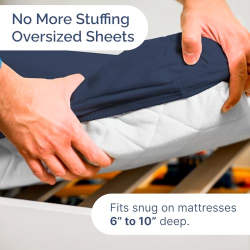 Image of Cot Sheet Set, 33 inch x 75 inch - Easy-Fit Cot Size Mattress Sheets - Navy Blue | Ideal for Narrow Twin, Camper Bunk, RVs, Twin Bunks, Day Care & Camping Cots, Cot Size Fitted Sheet fits 6 inch to 10 inch Mattresses