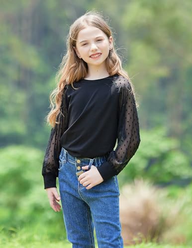 Image of Yekaty Girls Shirts Casual Solid Color Crewneck Blouses Soft Long Sleeve Swiss Dots Chiffon Tops