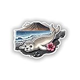 Waterproof Car Laptop Wall Window Bumper Sticker Decal of Hawaiian Monk Seal on Black Sand Beach with Hibiscus and Mountain View (4)