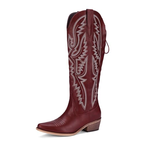 Cowboy Boots For Women Embroidered Wide Calf Boots With Back Lace Up Chunky Block Heels Pointed Toe Western Cowgirl Boot Comfortable Tall Boots for Prom Casual Trendy Shoes