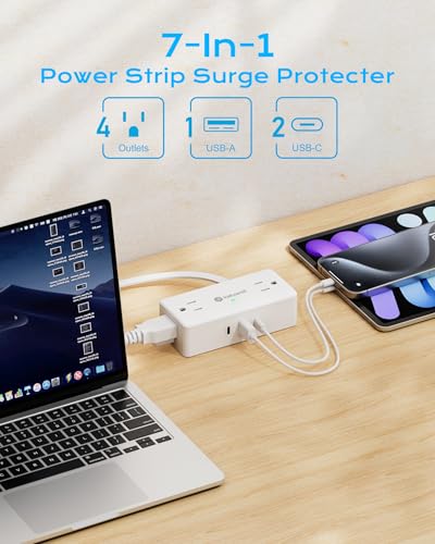 Small Surge Protector Power Strip, Kakyanill 5 ft Flat Extension Cord with 4 Outlets 3 USB Ports (2 USB C), 900 Joules Protection, Suitable for Home Office Dorm Room, White