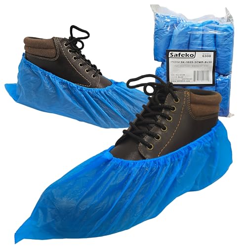 SAFEKO Waterproof Shoe Covers – Non-Slip, Disposable CPE Boot Covers, Blue, 100 Pack