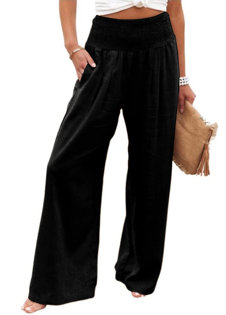 utcoco Womens Wide Leg Linen Palazzo Pants Casual Elastic Waisted Loose Fit Trousers
