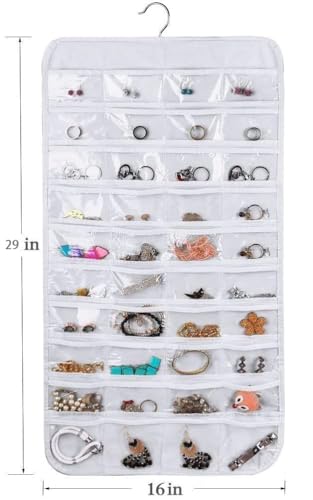 Image of Hanging Jewelry Organizer 48-Pocket Dual-sided Jewelry Storage for Jewelry Earring Necklace Bracelet Ring Storage Travel Holder, WHITE