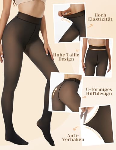 AMIYOYO Thermo Strumpfhose Damen Gefüttert Fleece Thermostrumpfhose Warm Leggings Gefälschte Durchscheinend High Waist Dicke Pantyhose Winter