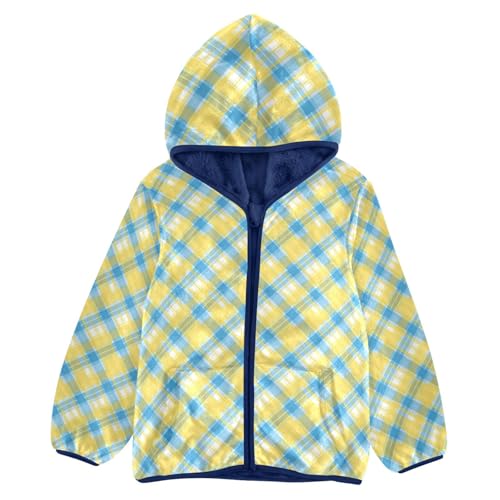 Yellow Blue Buffalo Plaid Boys Fleece Coat,Children's Zip-Up Hoodie Jacket,Baby Warm Fashion Outerwear 3-10T,A113365