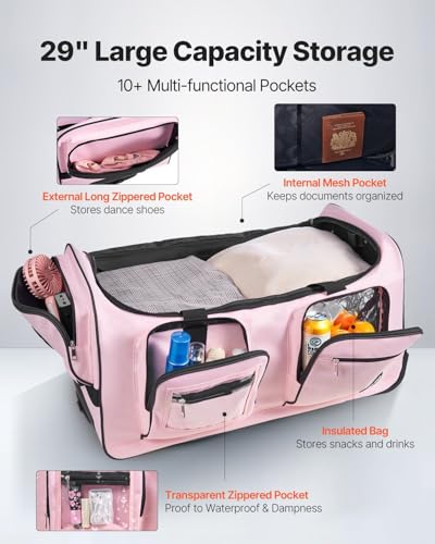 29 Inch Dance Bag with Garment Rack Rolling Duffle with Privacy Curtain Pink3