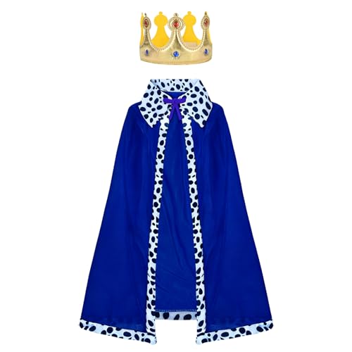 AOOWU Capa de Rey y Reina para Niños, 2 Piezas Disfraz de Rey Medieval con Capa y Corona, 80cm Bata de Terciopelo Real, Disfraz de Medieval Coronación Infantil para Halloween, Carnaval, Navidad (Azul)